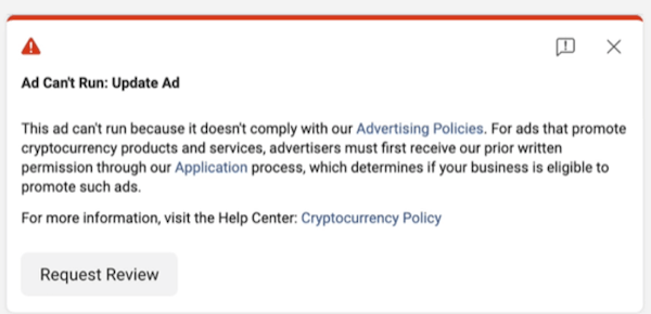 Anuncio de facebook no permitido por politicas de criptomonedas