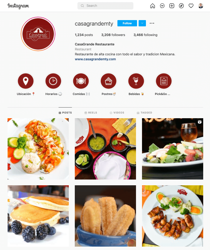 Perfil de Instagram de un restaurant