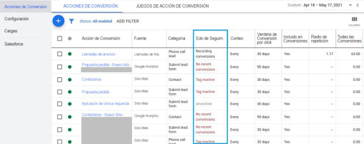 Seguimiento de conversiones de Googe Ads, captura de pantalla de la sección conversión
