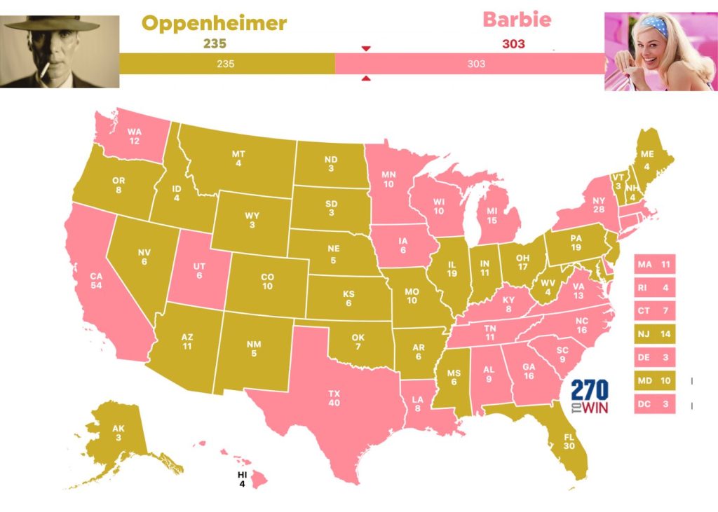 Mapa electoral ficticio para la contraprogramación del meme de Barbenheimer