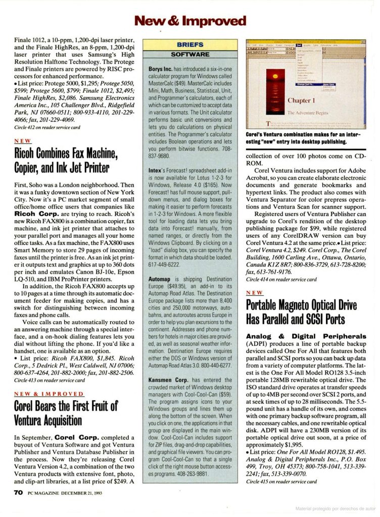 Corel adquiere Ventura y libera Corel Ventura versión 4.2, extracto de PC Magazine 21 de diciembre de 1993.