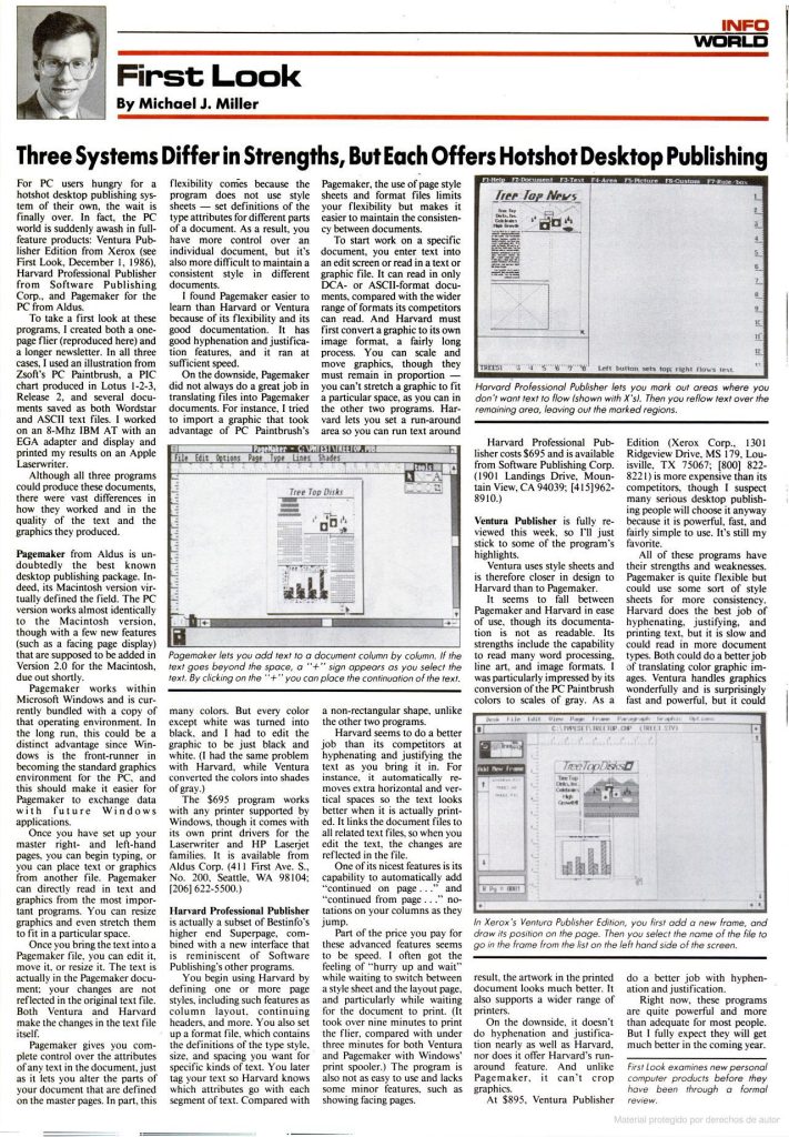 Valoración uno a uno de Pagemaker, Harvard Professional Publisher y Ventura Publisher. tomado de InfoWorld del 2 de marzo de 1987.