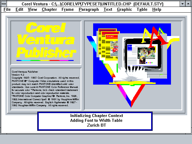 Captura de pantalla de la primera versión de Ventura de manos de Corel, Inc.